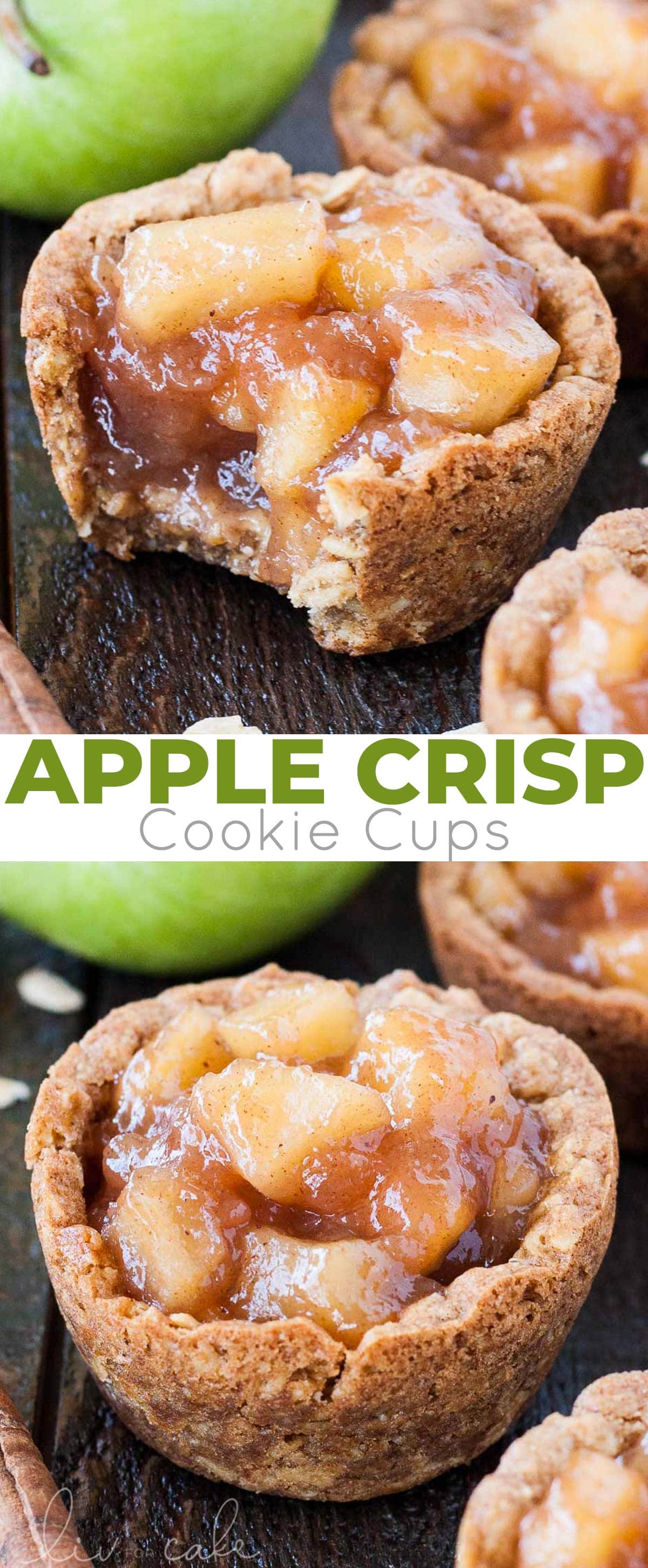Your favourite chewy oatmeal cookies come together with homemade apple pie filling in these bite-sized Apple Crisp Cookie Cups. | livforcake.com Apple Crisp Cookie Cup collage
