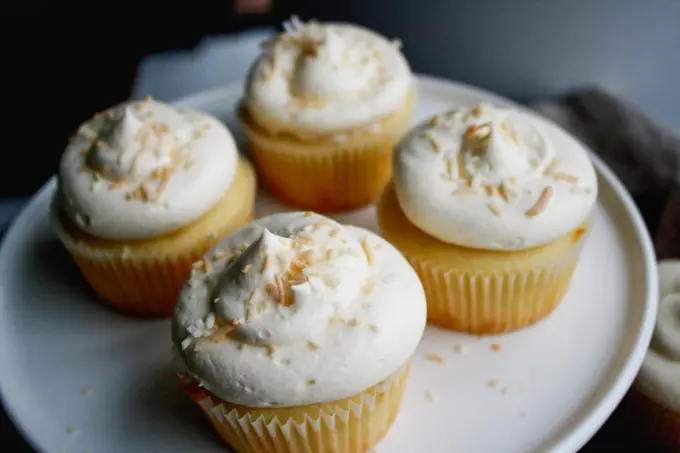 Close up of cupcakes on a plate.