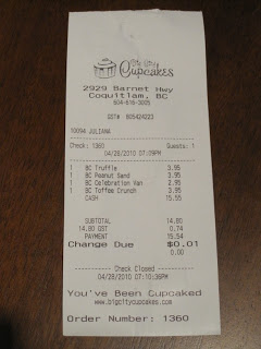 Receipt from Big City Cupcakes.