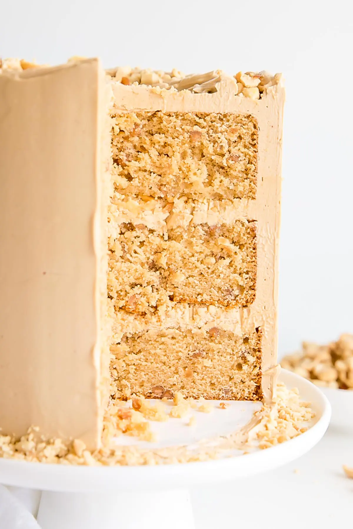 Peanut butter lovers, this cake is for you! Peanut butter cake layers studded with peanut butter chips covered in a peanut butter Swiss meringue buttercream. | livforcake.com Cross section of the cake showing three layers.