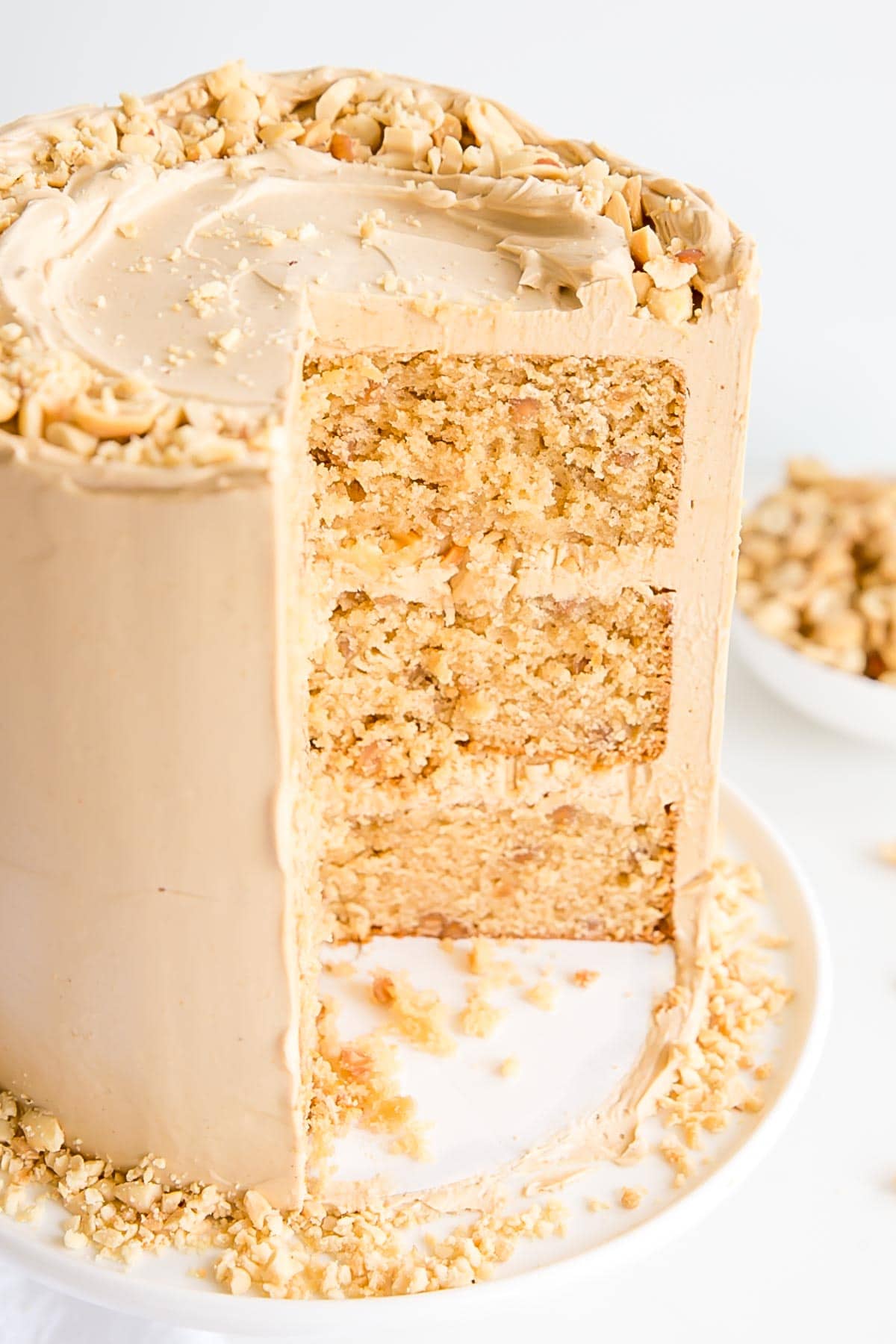 Peanut butter lovers, this cake is for you! Peanut butter cake layers studded with peanut butter chips covered in a peanut butter Swiss meringue buttercream. | livforcake.com Angled cross-section of the cake
